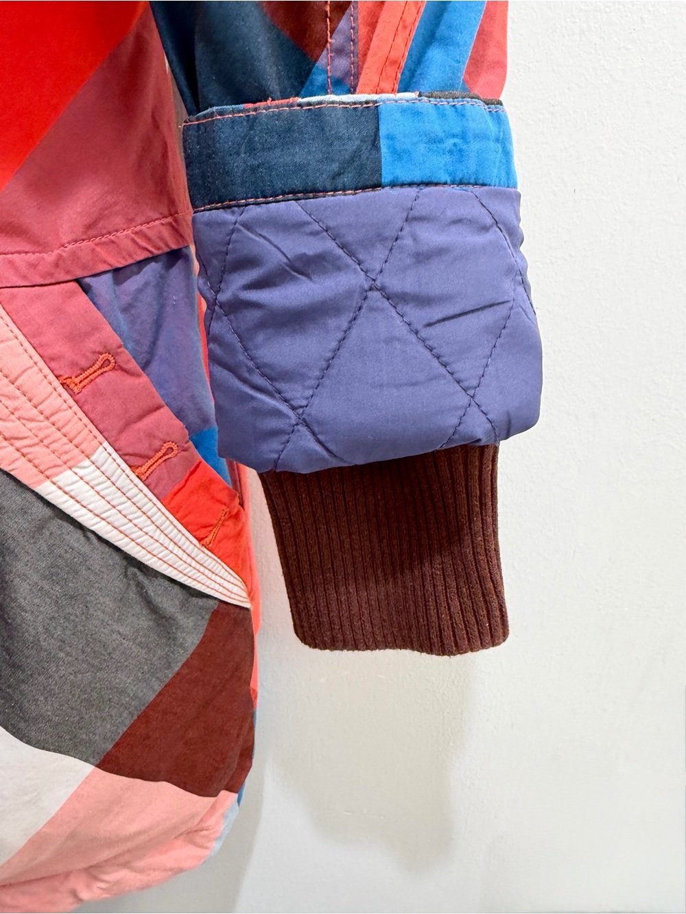 Midii Geometric Multi-Color Hooded Parka Jacket Faux Fur Trim Blue Orange Size M - Picture 14 of 16